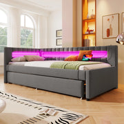 Letto 90x200 cm con letto estraibile; LED e USB Type-C in lino grigio