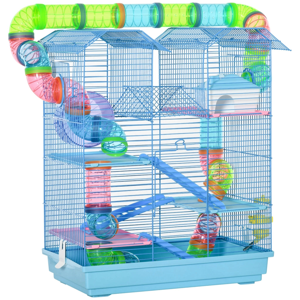 EasyComfort Gabbia per Criceti e Roditori a 5 Piani, Gabbietta per Criceti con Tubi Colorati, Ruota, Casetta e Accessori Inclusi, 47x30x59 cm, Blu