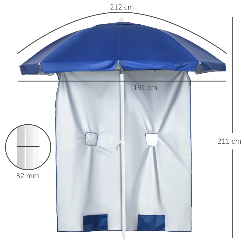 Ombrellone da Spiaggia Inclinabile con Tendine Laterali, in Poliestere e Acciaio, ?191x211 cm, Blu e Bianco