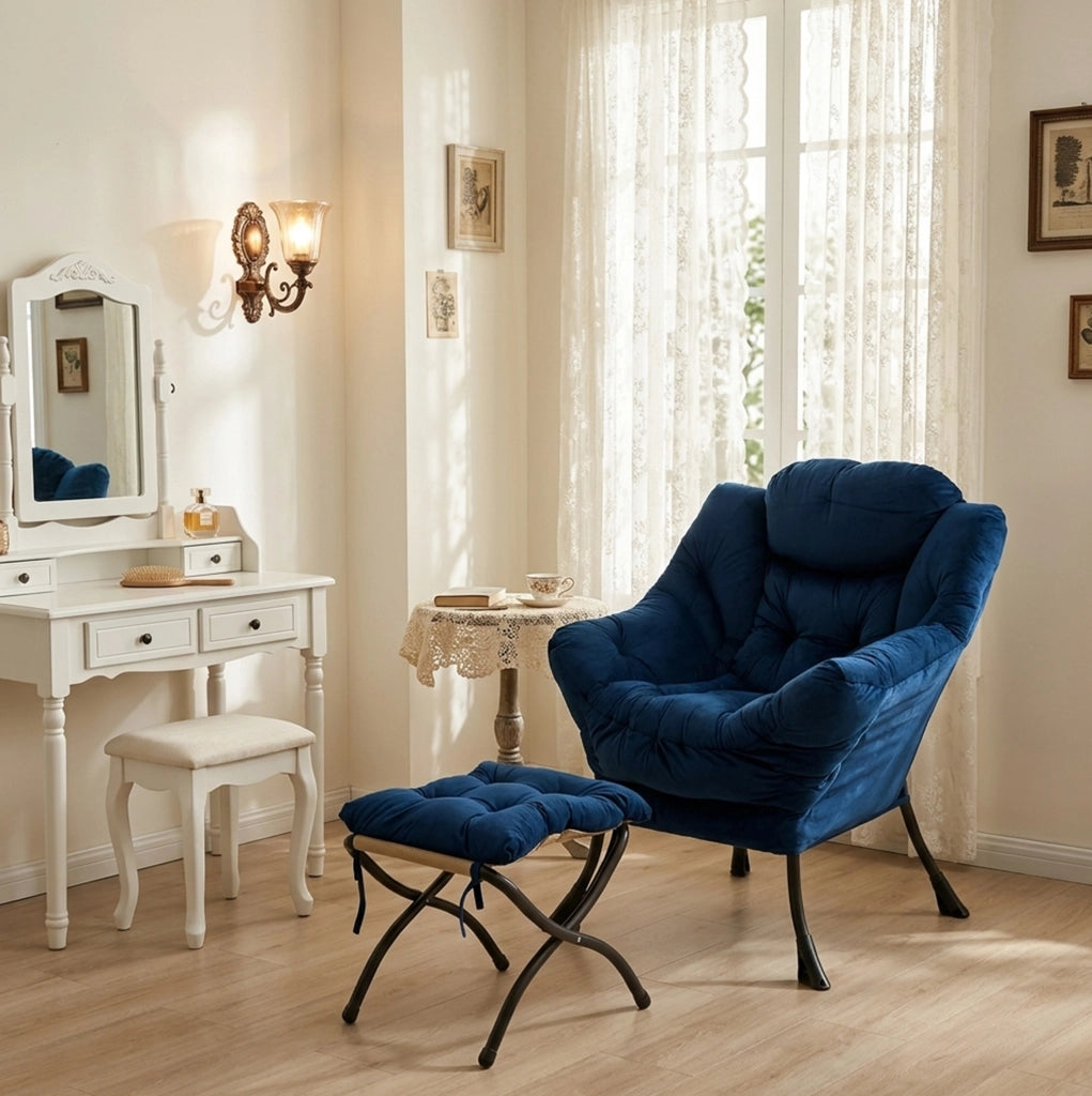 Poltrona relax blu scuro in tessuto con poggiapiedi e tasca laterale