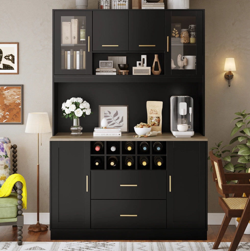 Credenza 120x36,3x180 cm nera in MDF, 6 ante con LED e prese USB