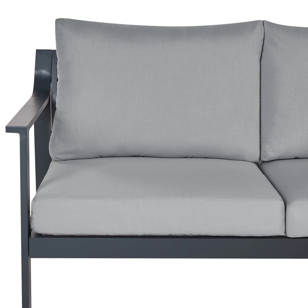 Divano da giardino 3 posti in alluminio con spessi cuscini idrorepellenti in grigio scuro stile moderno scandinavo