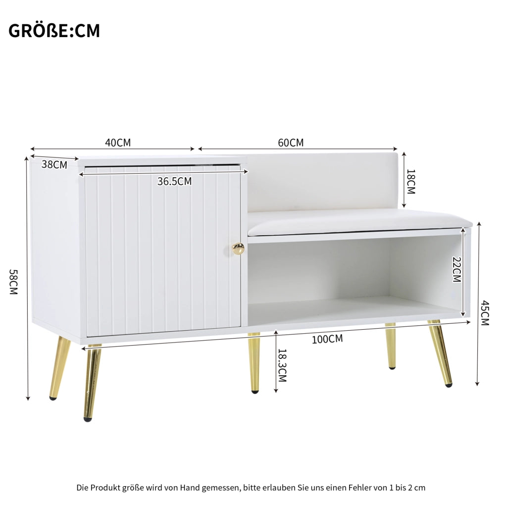 Scarpiera con seduta e schienale 100x38x58 cm in truciolare bianco con dettagli oro