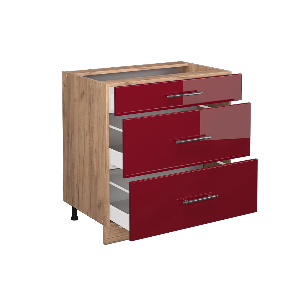Mobiletto base per cucina Fame-Line Bordeaux lucido/Rovere dorato 80 cm con 3 cassetti, senza piano di lavoro Vicco