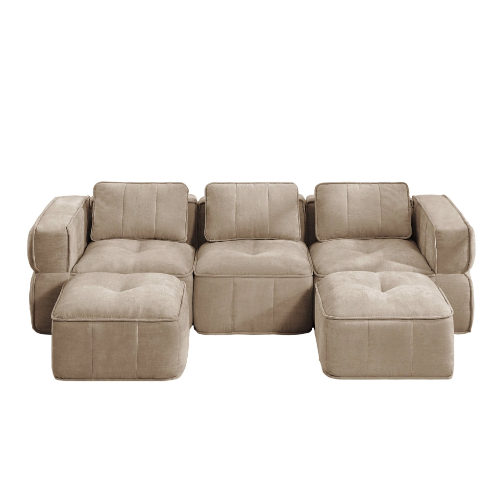 Divano modulare a U 3 posti con 2 pouf 271x162x67 cm in poliestere color sabbia
