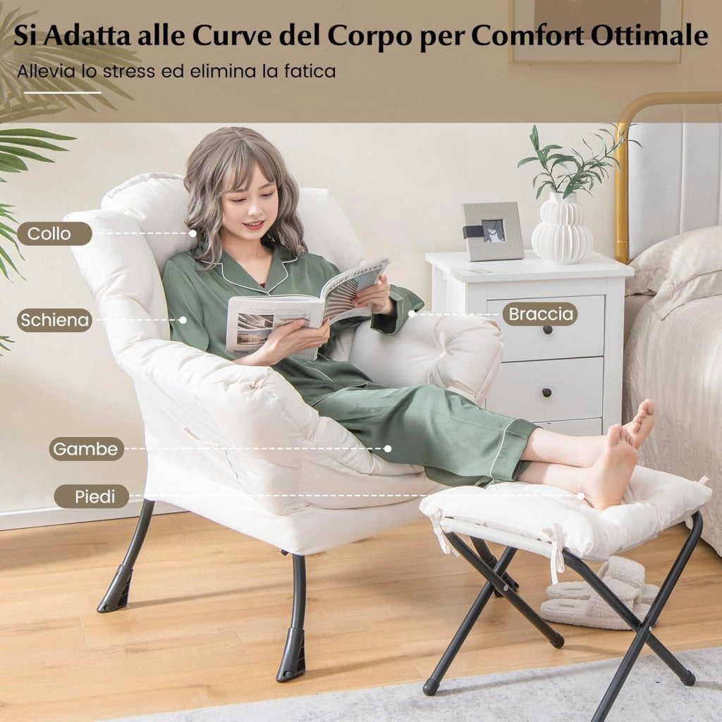 Poltrona Pigra con Poggiapiedi, Poltrona da Lettura Moderna con Cuscino, Braccioli, Poltrona d'Accento per Soggiorno, Camera da Letto, Ufficio e Esterno (beige)