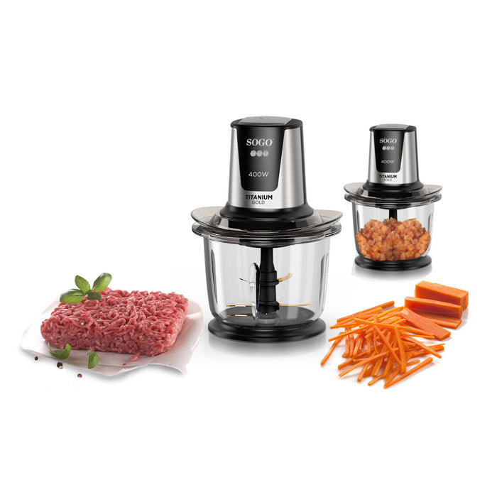 SOGO Tritatutto 1.5L 400W - Ciotola in Vetro, 4 Lame Titanio, Potente per Carne, Verdure e Ghiaccio, Pulsante Grande, Facile Pulizia, Base Antiscivolo