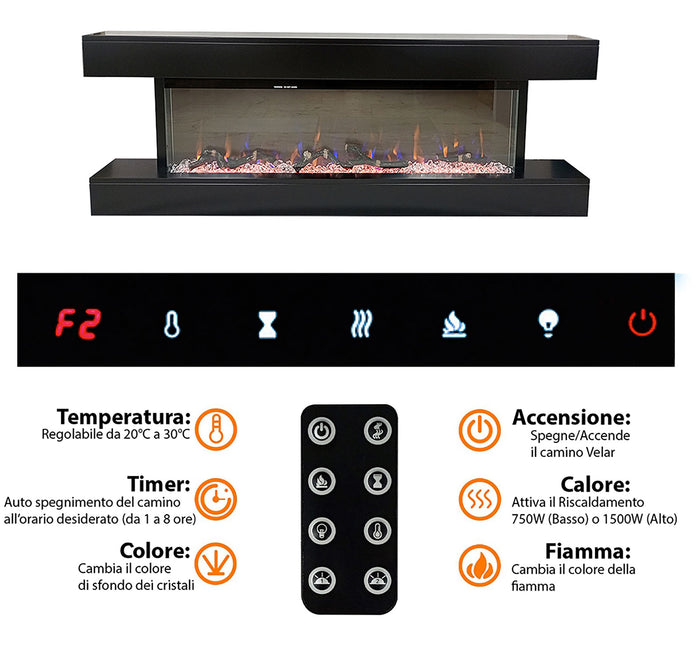 Camino Elettrico da Parete o Incasso Alaro Ultra+ 152x18x52 cm Effetto Fiamma Telecomando in MDF Nero