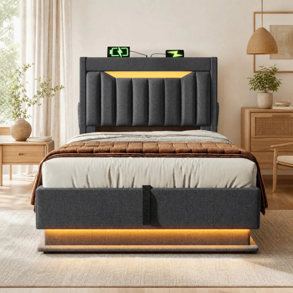 Letto singolo 90x200 con LED, testiera contenitore e porte USB