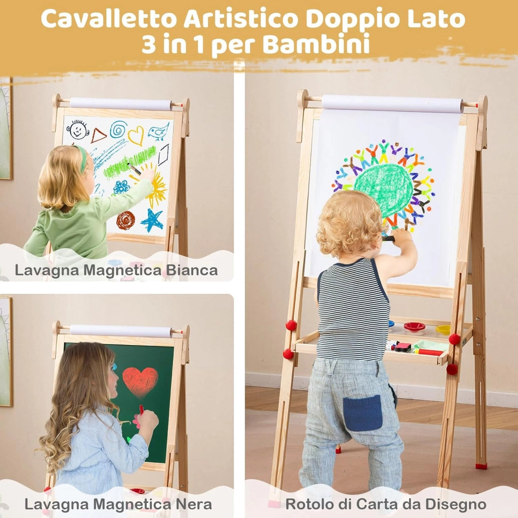 3 in 1 Cavalletto per Bambini, Cavalletto Artistico in Legno con Doppia Faccia Magnetico, Lavagna Bianca, Lavagna Nera e Rotolo di Carta, Pieghevole e Altezza Regolabile