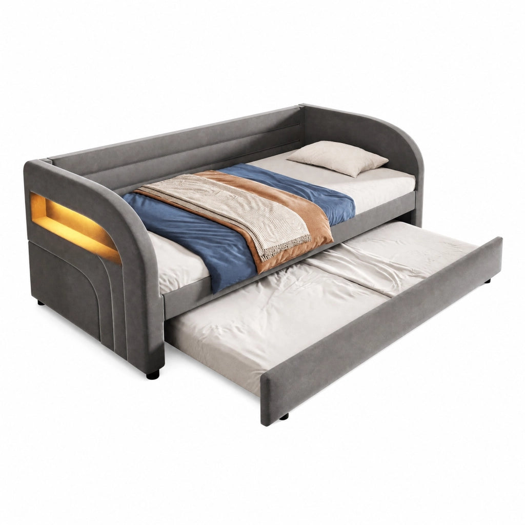 Letto imbottito 90x200 cm con letto estraibile e LED; grigio