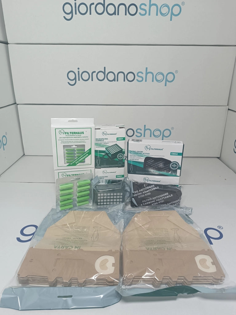 Kit Ricambi 12 Sacchetti 20 Profumini 2 Microfiltri Hepa 2 Filtri Odo Compatibili Folletto VK130 VK131