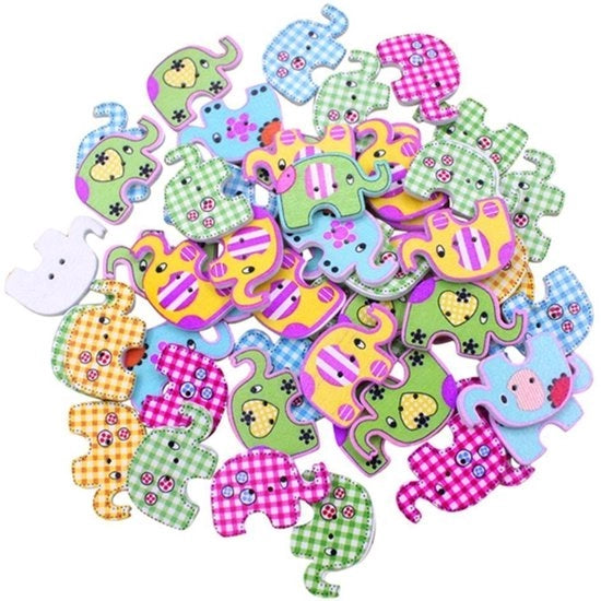 Chiodini in legno da scrapbooking - caricatura animali - 100 pezzi - 2 fori - 25mm - per cucito