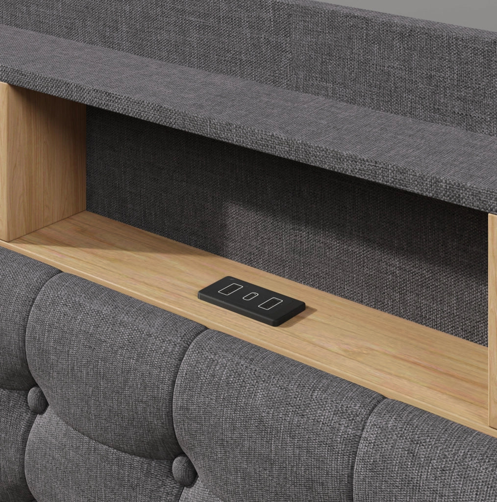 Letto imbottito 180x200 cm con illuminazione LED; contenitore idraulico; in lino e MDF; grigio