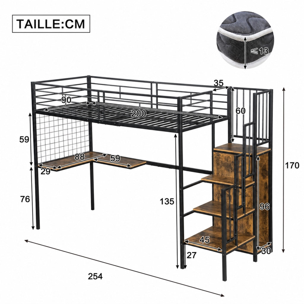 LETTO A CASTELLO 90x200 cm in metallo nero con armadio integrato