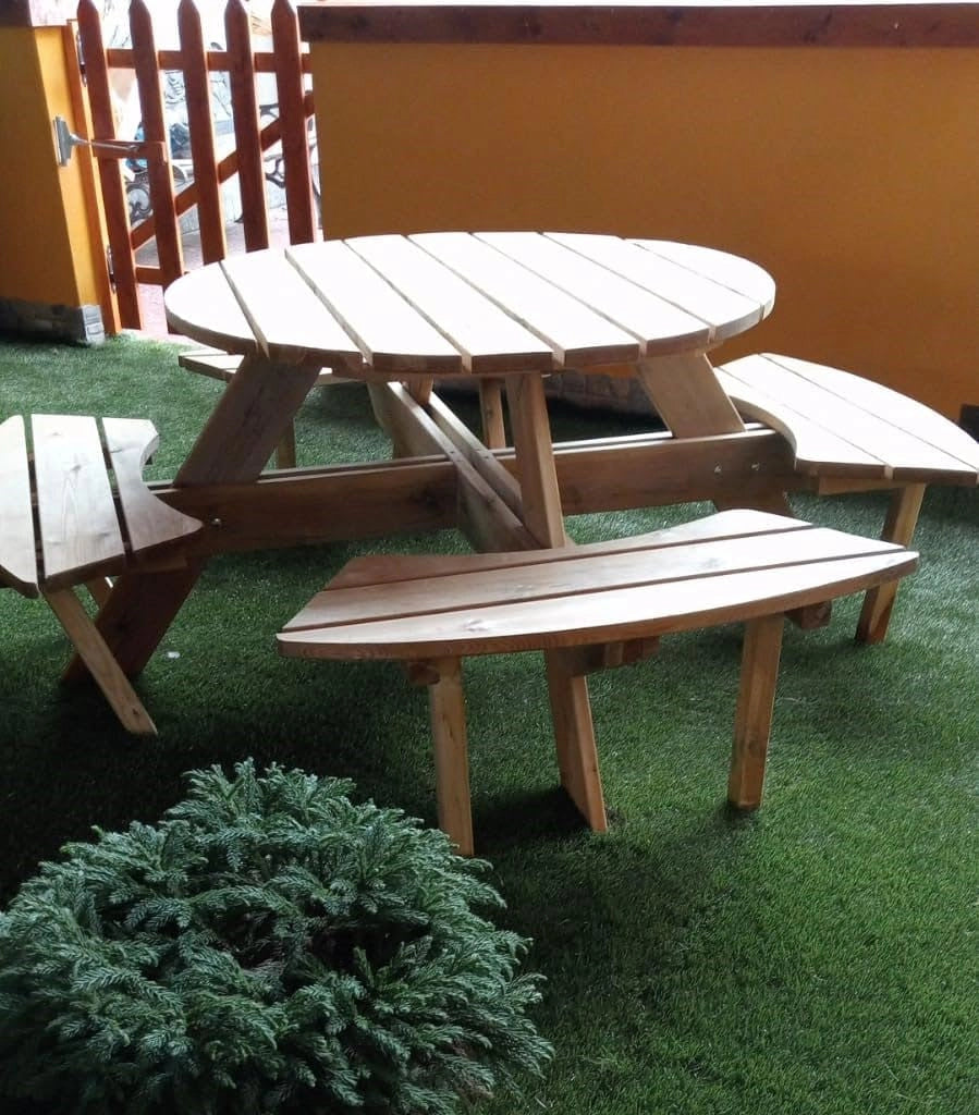 TAVOLO TONDO LASA IN LEGNO CON PANCHE 110X186X68H