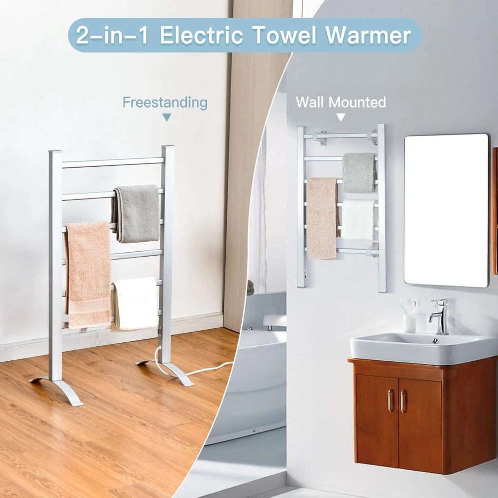 GIANTEX Radiatore Asciugamani Elettrico Bagno, Porta Asciugamani 100W Riscaldato, 2 in 1, Asciugamani su Piede e Parete in Alluminio con 6 Barre, 45-50°C, Argento