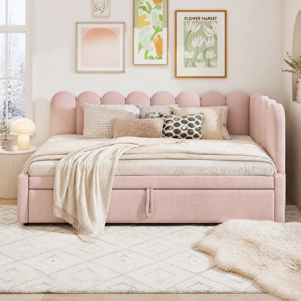Divano letto multifunzione a L 90x200 cm con letto estraibile; in velluto rosa