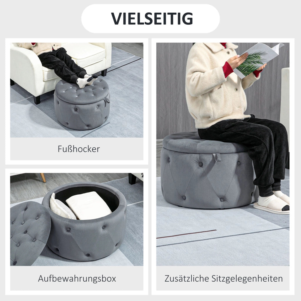 Pouf contenitore rotondo con coperchio e seduta imbottita in poliestere grigio per soggiorno e camera Ø60 × 40 cm