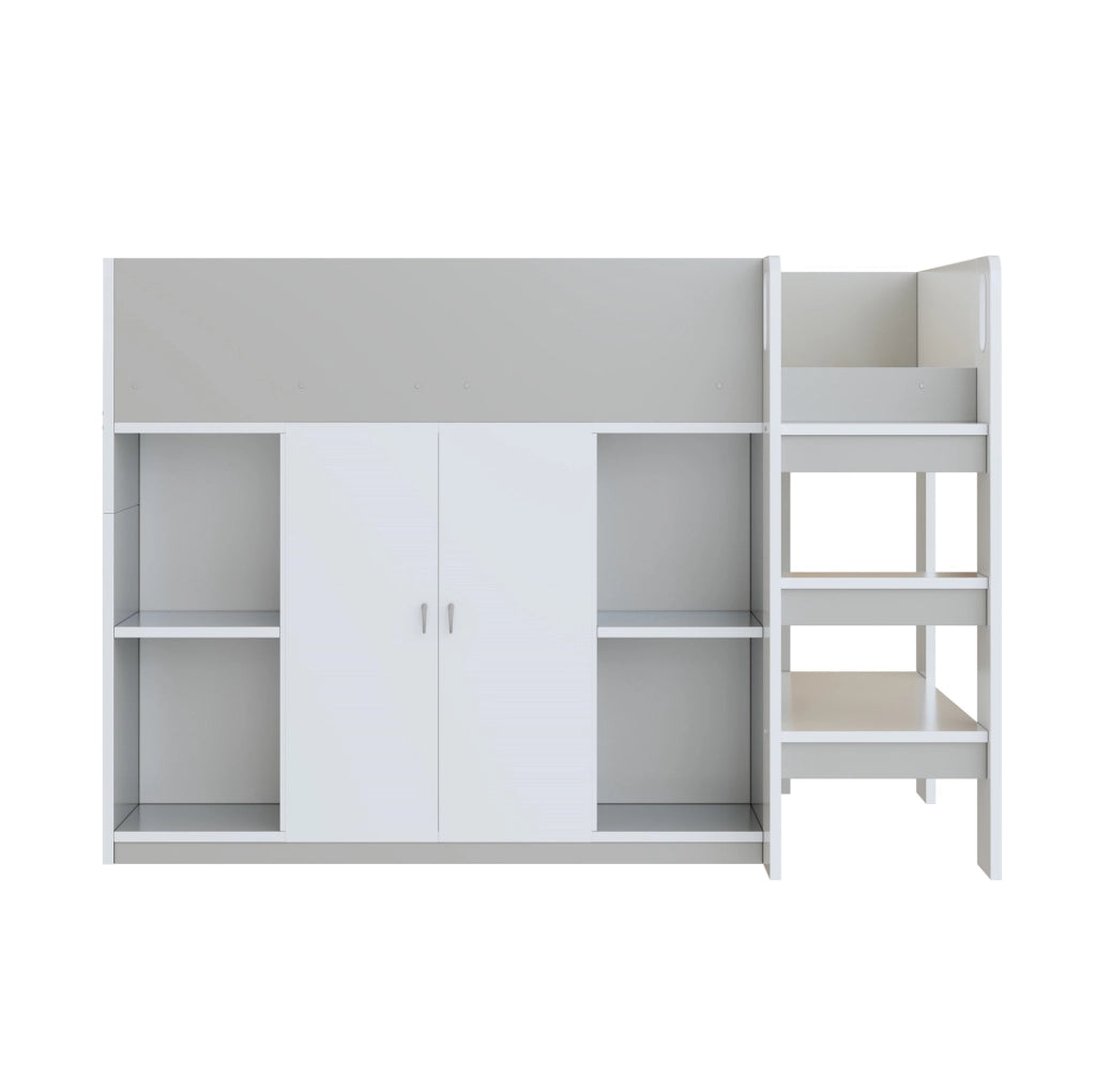 LETTO A CASTELLO 90 x 200 cm con scala, ripiani e armadio, grigio