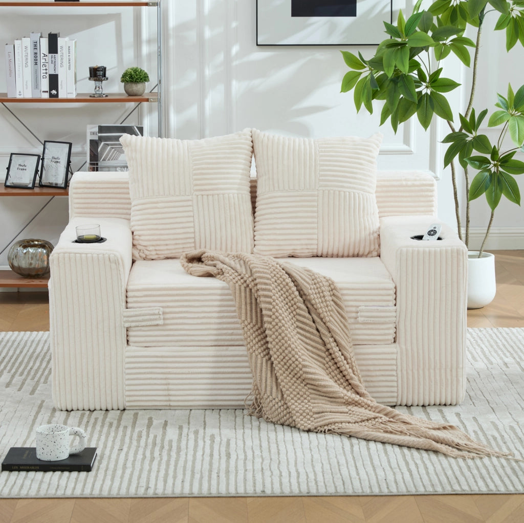 Pouf divano moderno 151x133x64 cm in corduroy beige con tasche laterali e cuscini