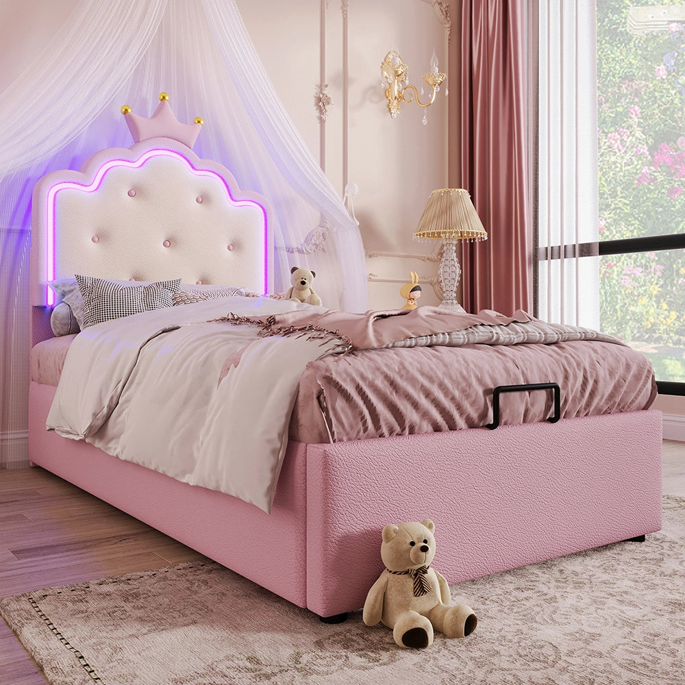 Letto a cassone 90x200 cm - Xylo - Luce LED telecomandata, design principesco, colore rosa
