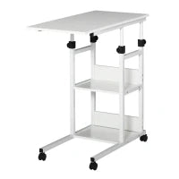 Tavolino da Salotto con Ruote, Regolabile in Altezza, Compatto, con 2 Ripiani, Struttura in Metallo, 80x40x72-82 cm, Bianco