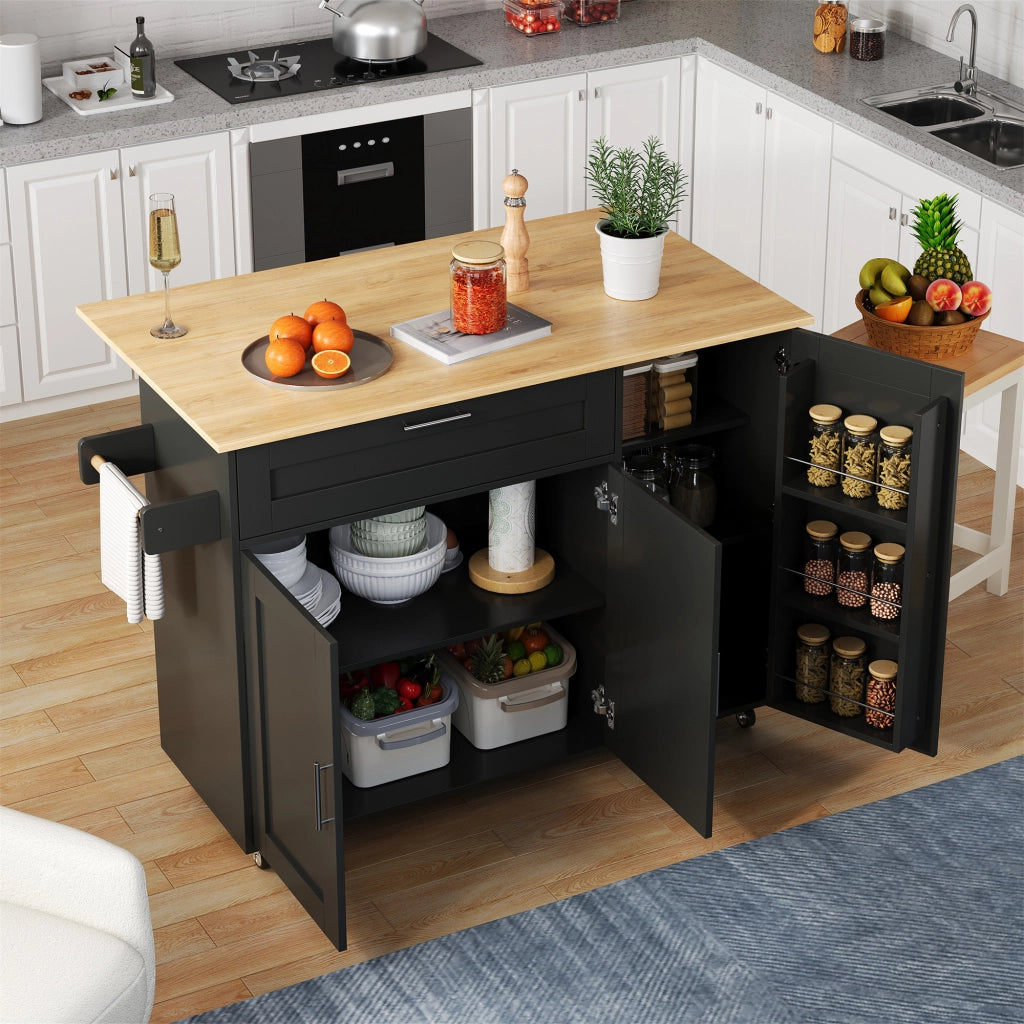 Carrello da Cucina con 2 Ante; 1 Cassetto; Ripiani Regolabili e Portasciugamani; in MDF; Nero e Naturale; 132;5 x 44 x 90 cm
