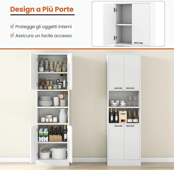 Credenza da Cucina Salvaspazio 56 x 30 x 190cm, Mobile Buffet Alto con 2 Armadi a Doppia Porta e 2 Mensole Aperte, Mobiletto Multiusuo per Soggiorno, Camera da letto e Bagno (Bianco)