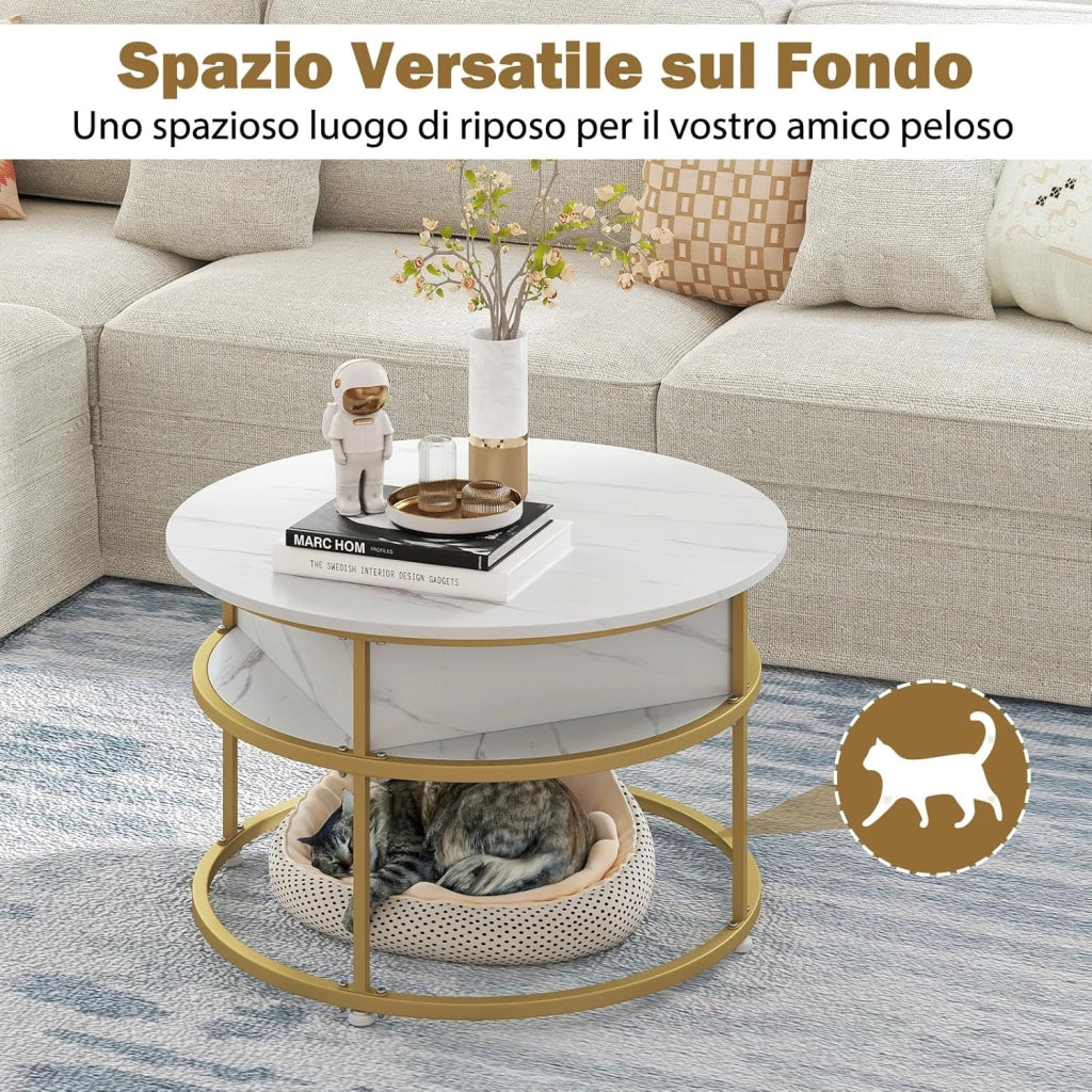 Tavolino da Caffè con Piano Sollevabile, Tavolino da Salotto Rotondo 80 cm a 2 Ripiani con Contenitore Nascosto e Ripiani Laterali, Ideale per Soggiorno, Studio e Ufficio