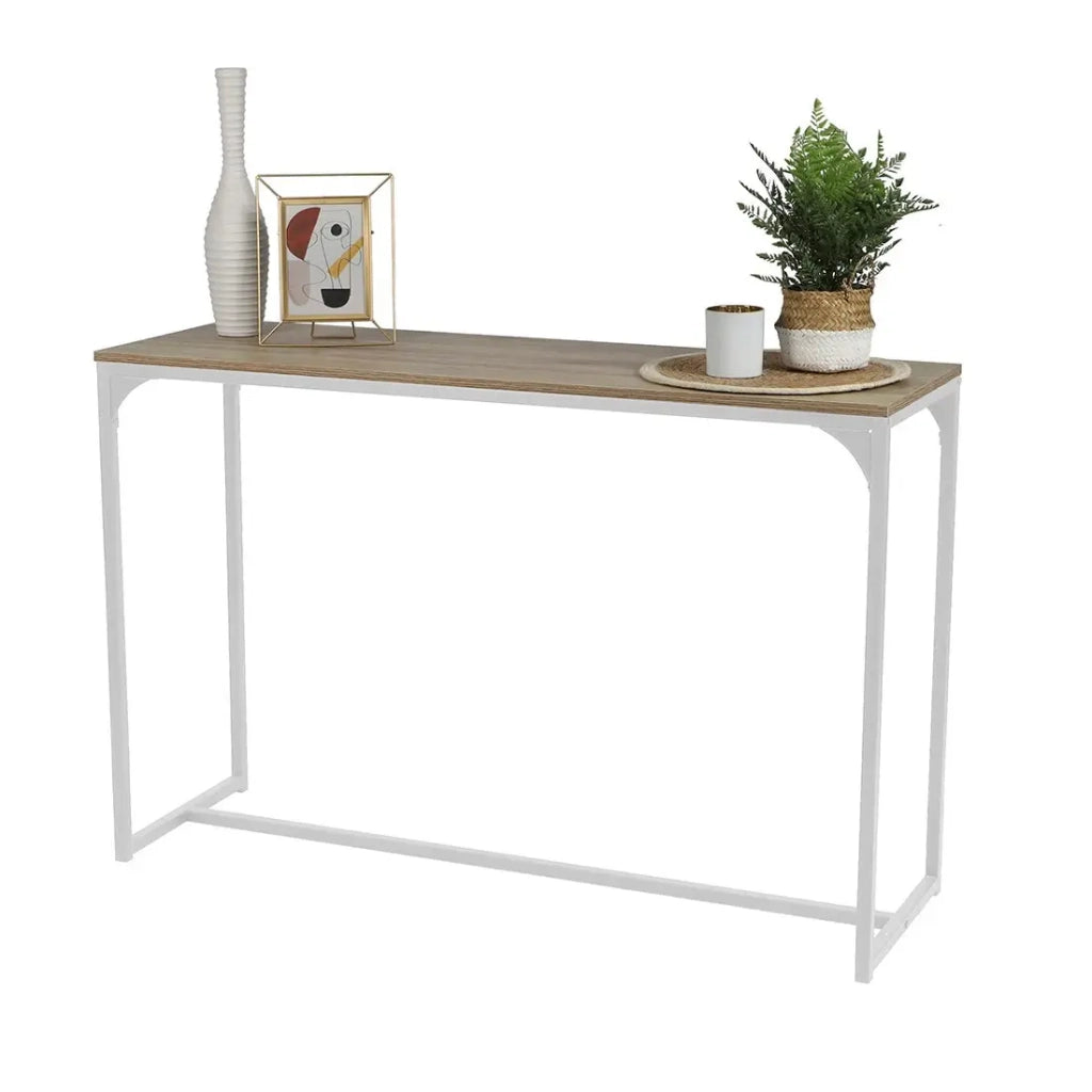 Consolle stile industriale collezione PUEBLO. Color rovere, struttura robusta in metallo bianco.