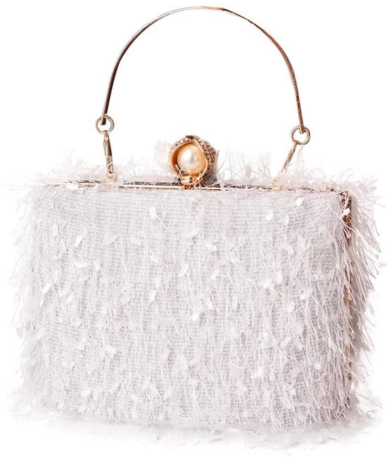 Borsa a Tracolla Donna con Tassel e Strass per Matrimonio, Portamonete e Accessori in Pelle con Catena e Chiusura a Maglia, Modello Elegante per Feste e Cerimonie, Color Bianco