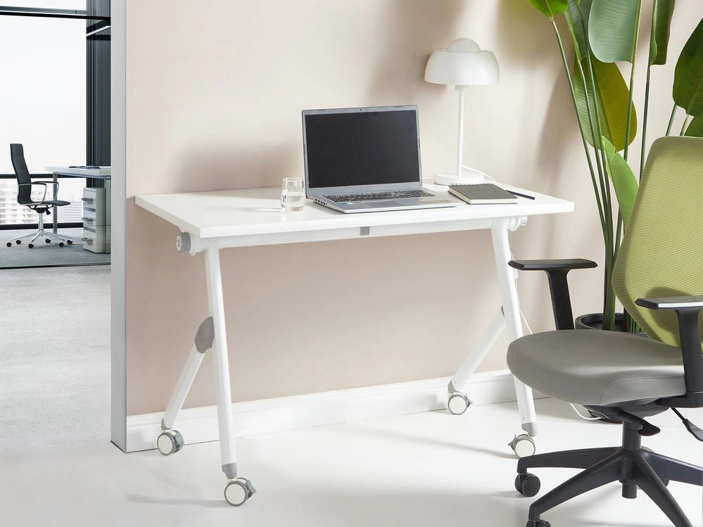Scrivania rettangolare pieghevole con rotelle portatile con struttura in metallo bianco 120 x 60 cm stile moderno