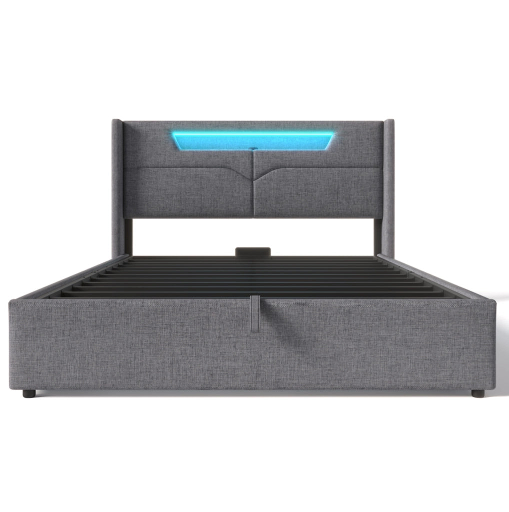 Letto imbottito 160x200 cm con contenitore; LED e ricarica USB Type C in lino grigio