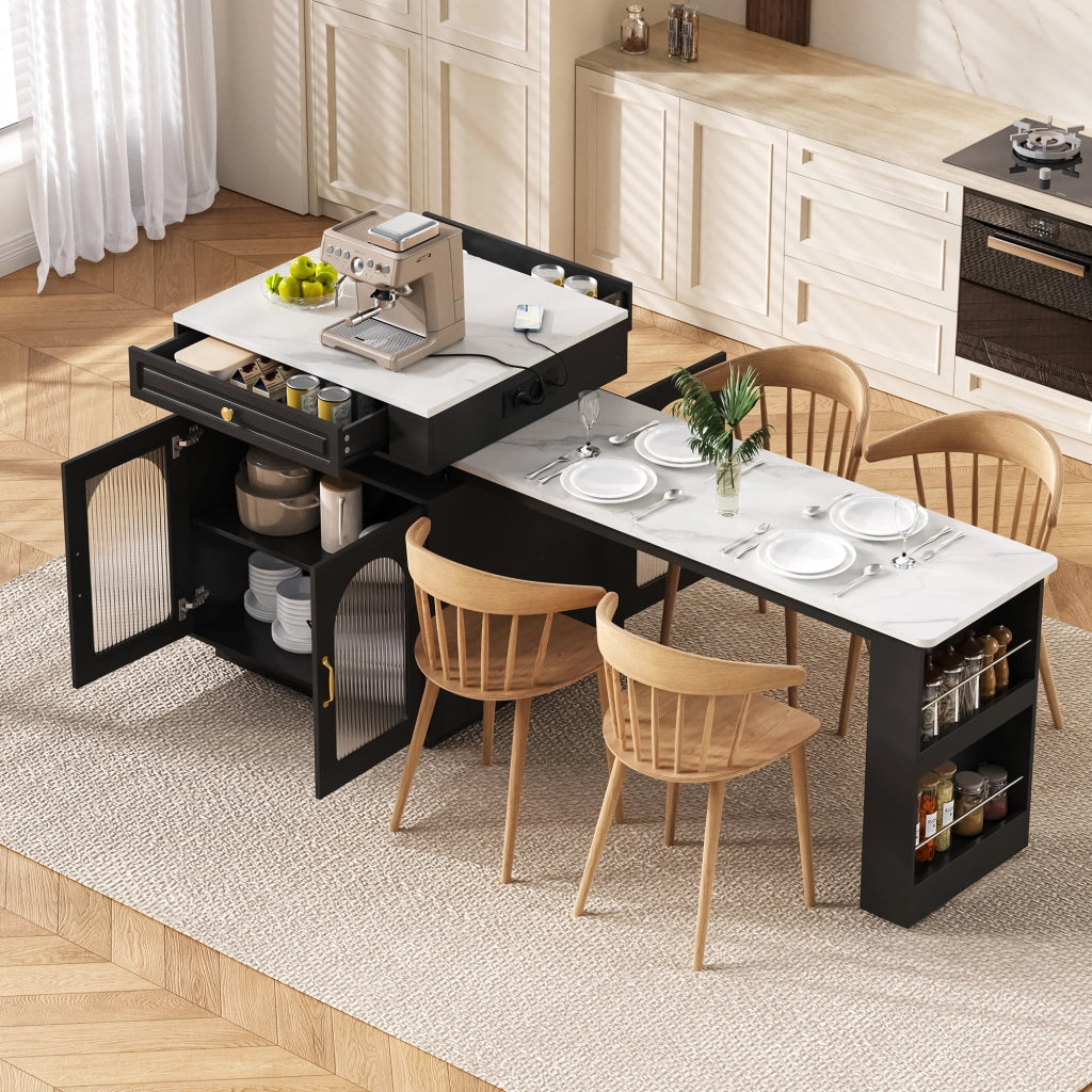 Tavolo da pranzo - isola cucina su ruote - estraibile con LED - bar con prese - nero - anta e sideboard