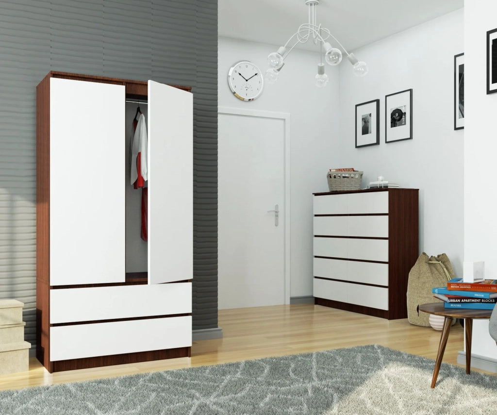 Armadio AKORD S90 Wengé 90 cm 2 ante 2 cassetti inserto frontale Bianco 90x51x180 cm