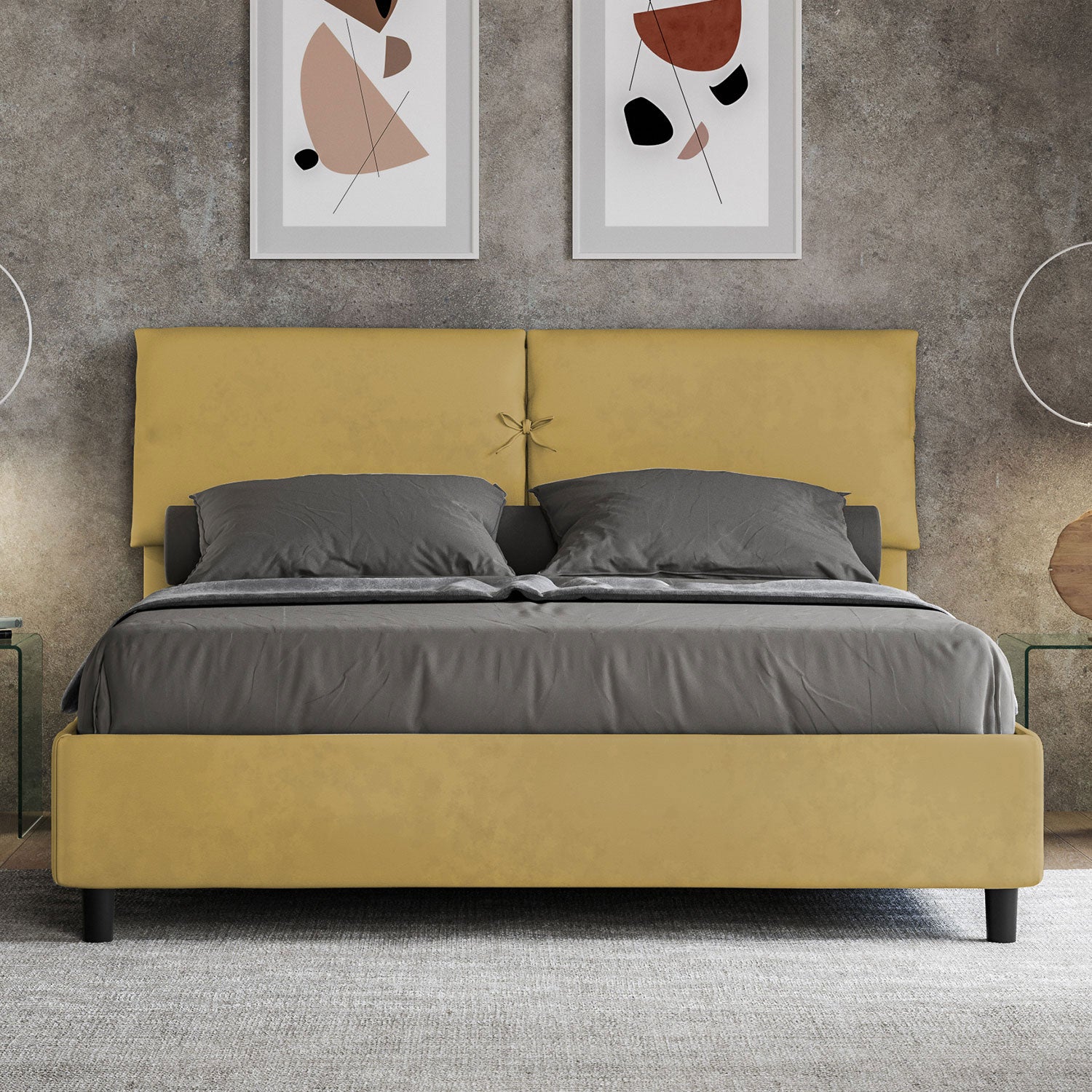 Letto Matrimoniale 160x210 cm con Rete e Contenitore con Testata e Alzata Comoda Imbottito in Microfibra Mados Ocra