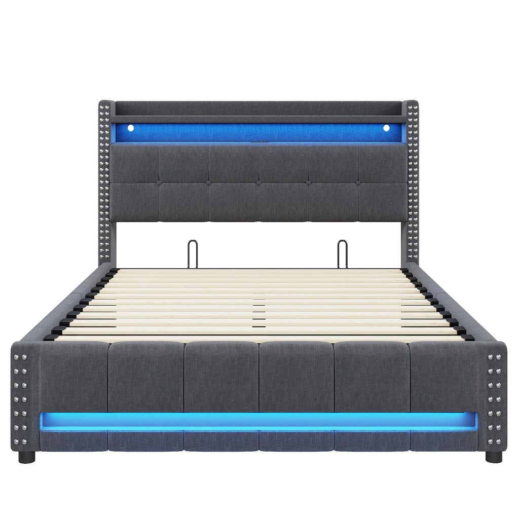 Letto imbottito 160x200 cm con LED, USB e vano contenitore
