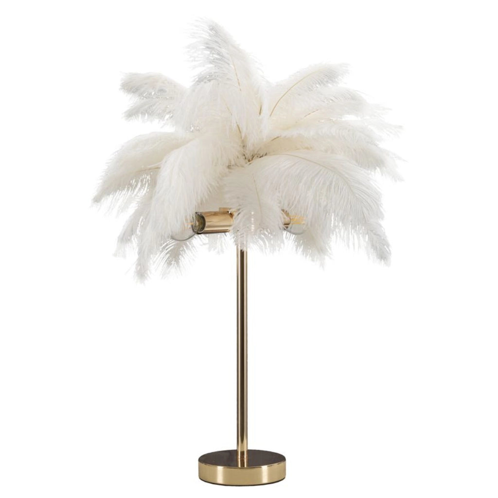 Lampada da tavolo Palm bianca in metallo dorato con piume di struzzo