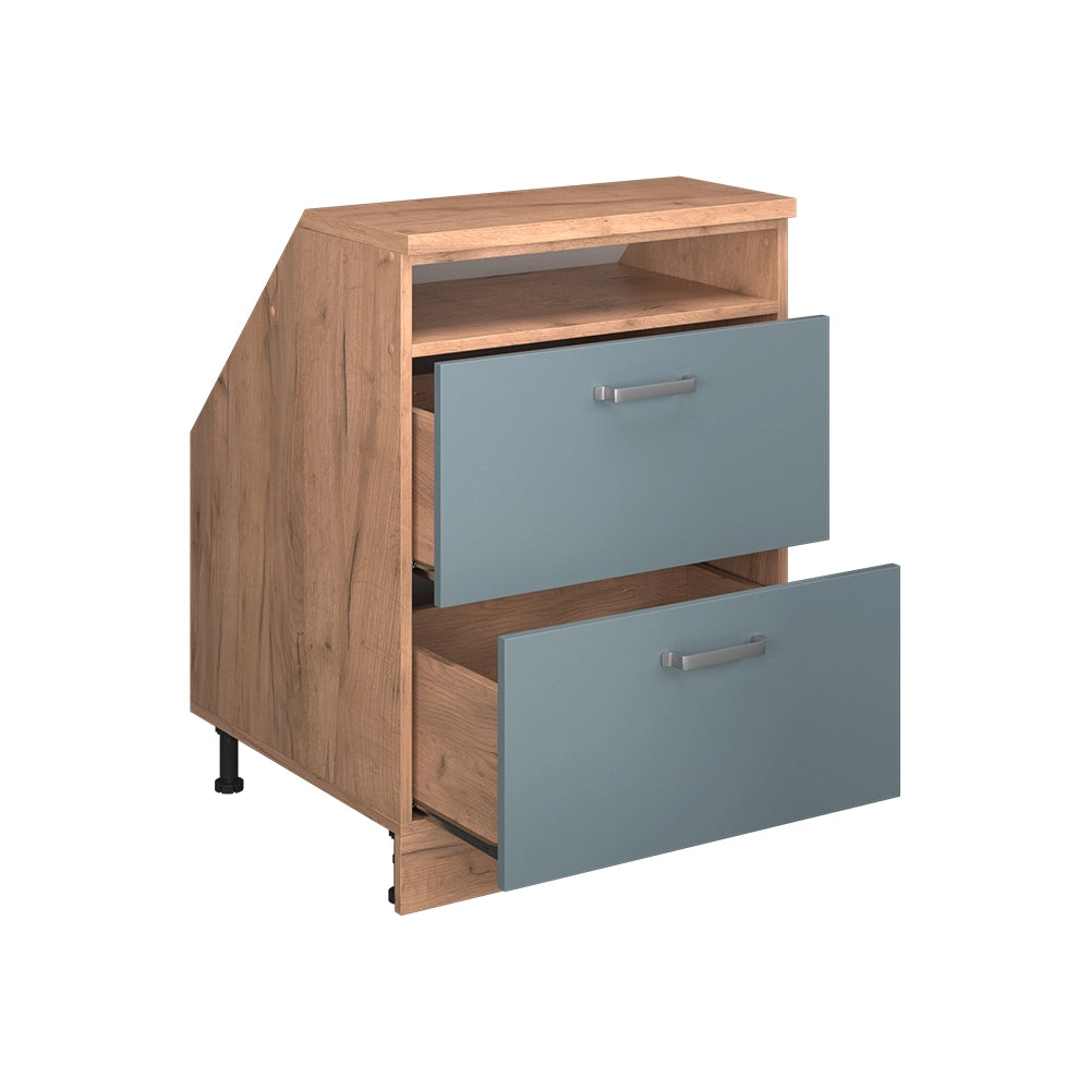 Mobile cucina sottotetto R-Line Grigio-blu/Rovere dorato 60 cm con 2 cassetti, carcassa 60 cm profondità Vicco