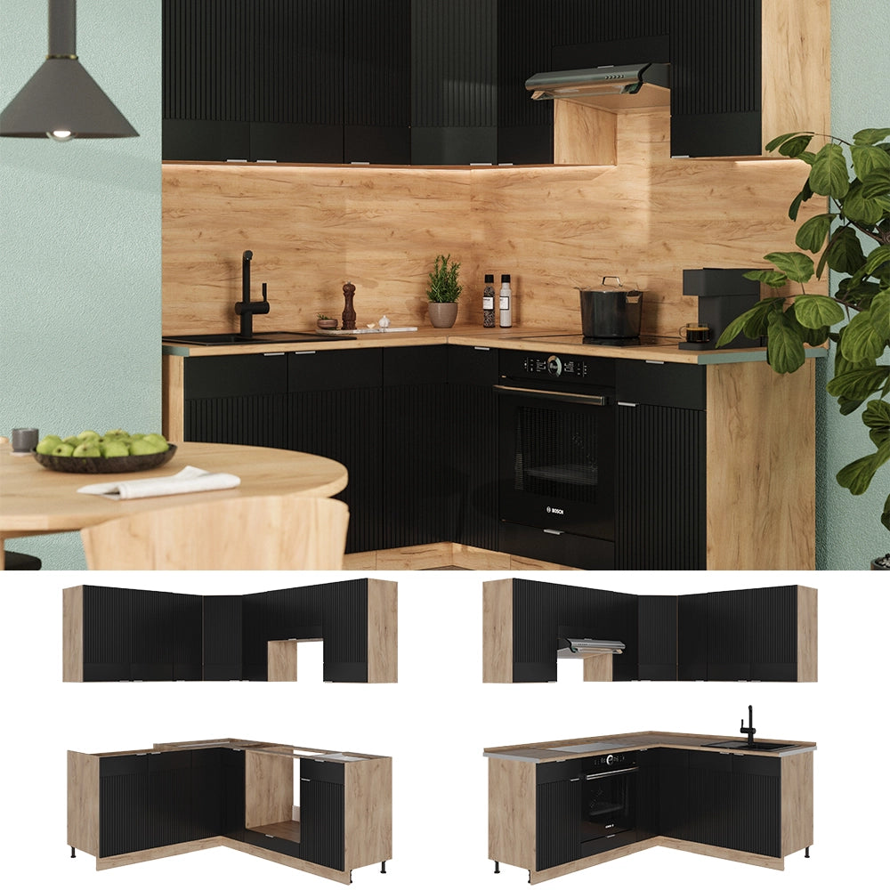 Vicco Cucina angolare completa Rovere nero rigato/oro 160 x 190 cm , PL Marmo