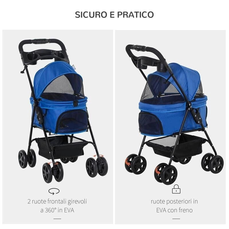 PASSEGGINO PER CANI PIEGHEVOLE CON GUINZAGLIO DI SICUREZZA E CESTINO PORTAOGGETTI, BLU