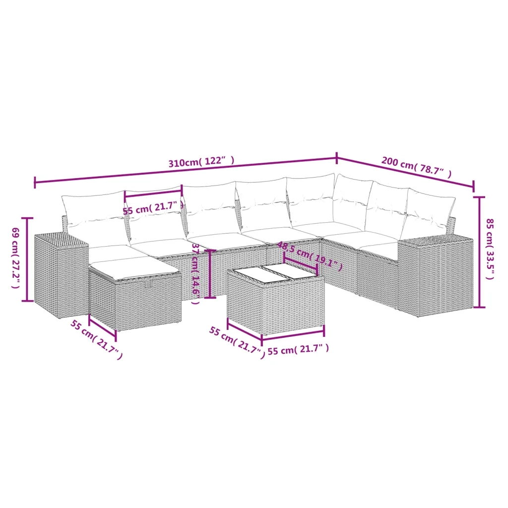 Set Divani da Giardino 9 pz con Cuscini Nero in Polyrattan 3264522