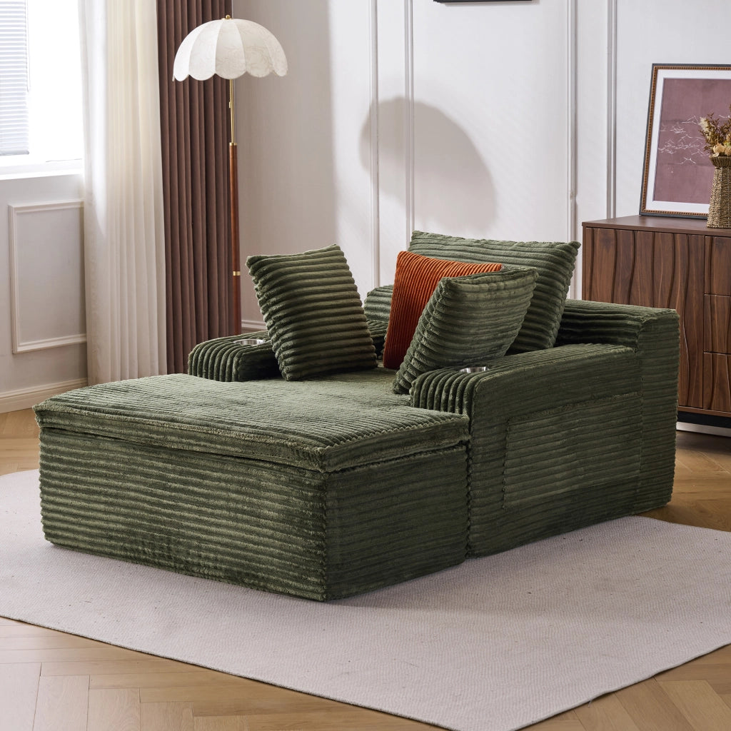 Divano angolare convertibile senza struttura con cuscini e portabicchieri in velluto a coste verde 165 × 112 × 63 cm