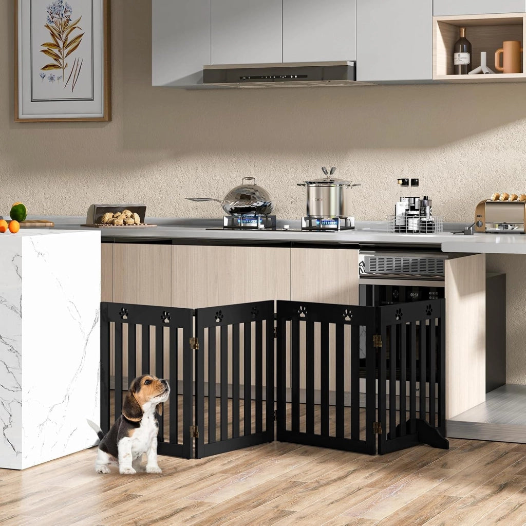Cancelletto per Cani Pieghevoli 204 x 60 cm, Barriera per Cani in Legno a 4 Pannelli con Piedini Stabili, Recinzione per Scale, Ingressi e Corridoi (Marrone)