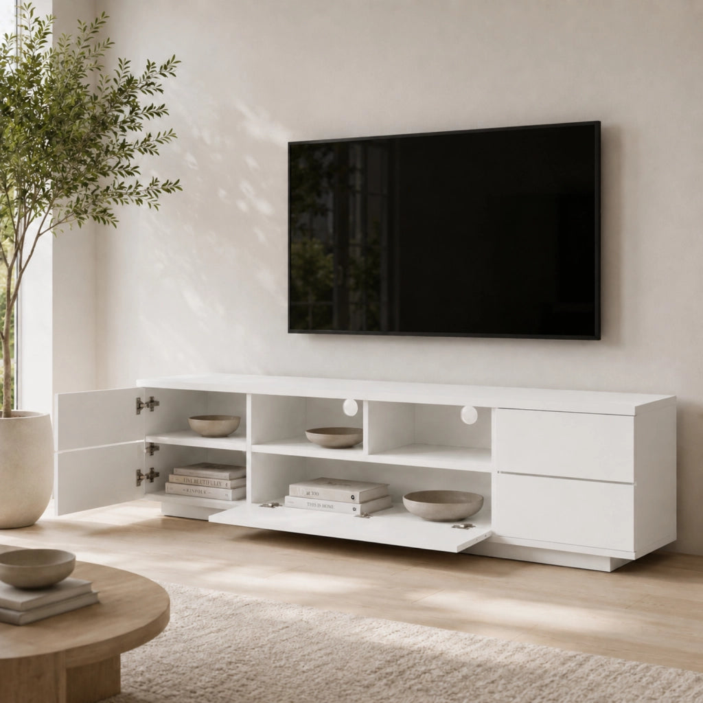 Mobile Televisore Moderno Con 4 Ante 1 Anta A Ribalta 2 Vani A Vista Con Passacavi Per Soggiorno Zona Living Salotto In MDF Resistente 180 x 38 x 46 Cm Bianco