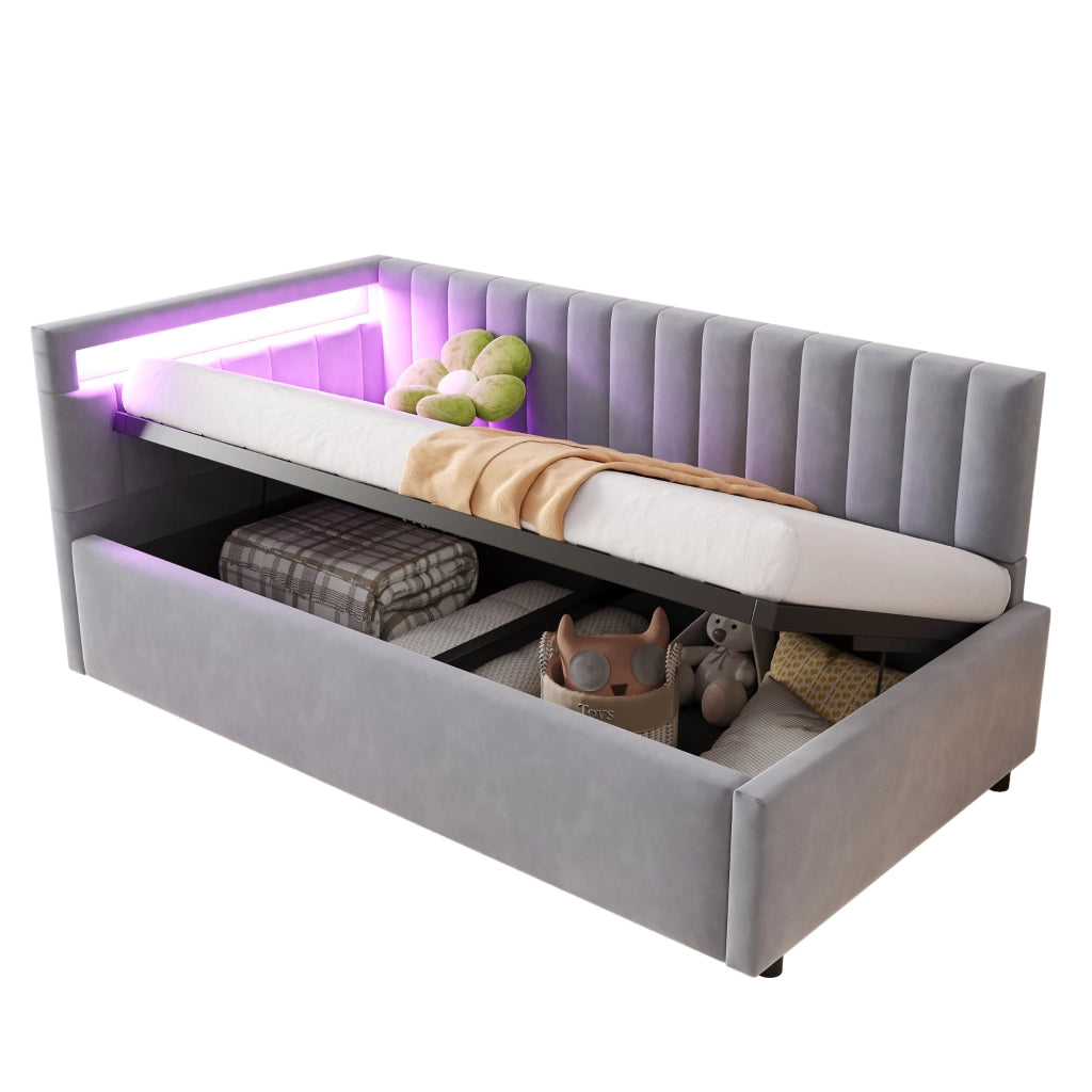 OKWISH Letto Divano 90×200 cm, Letto Singolo con LED Regolabile, Vano Contenitore Idraulico e Testiera Reversibile, senza Materasso, Grigio