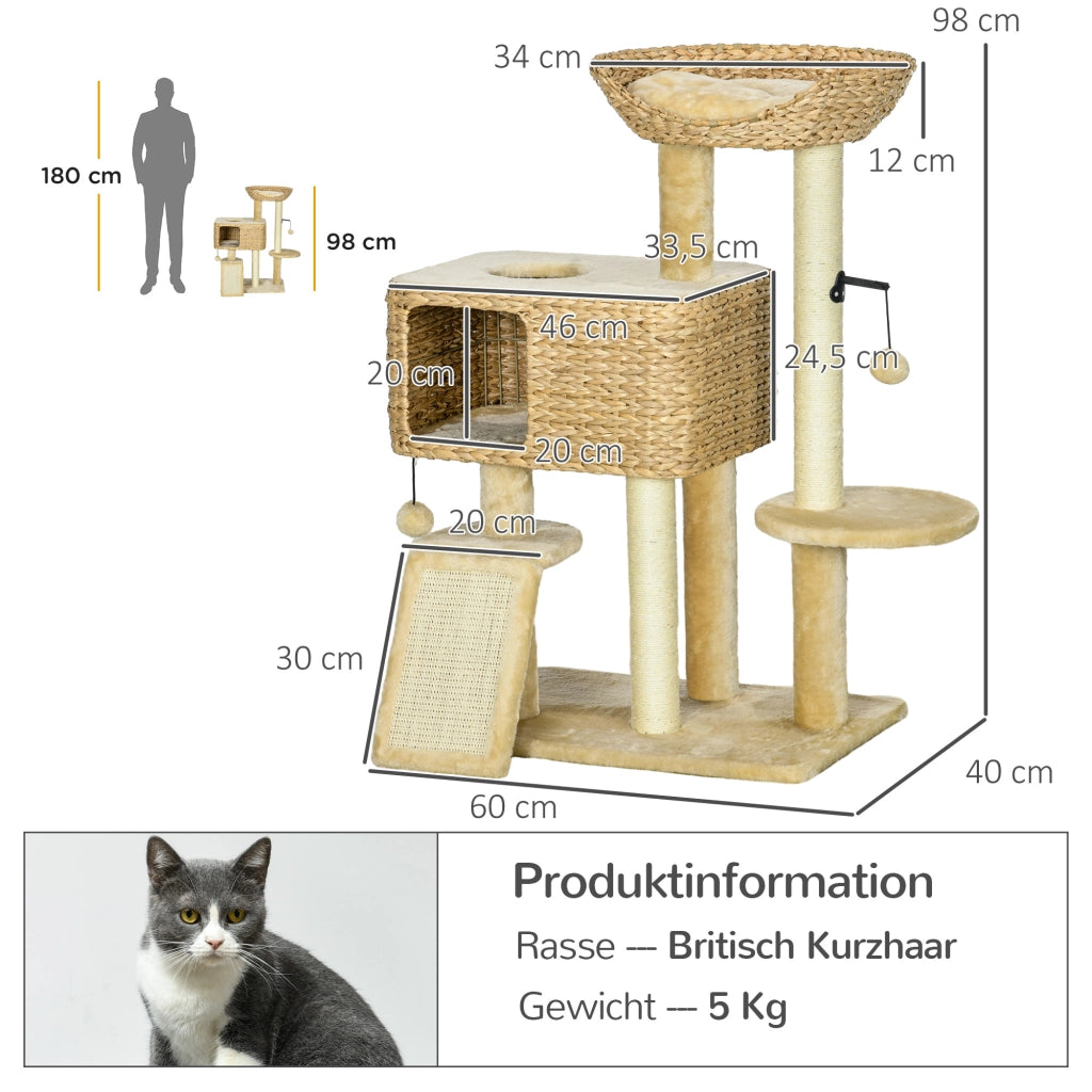 Albero tiragraffi per gatti 98 cm con cuccia, nicchia e rampa, beige