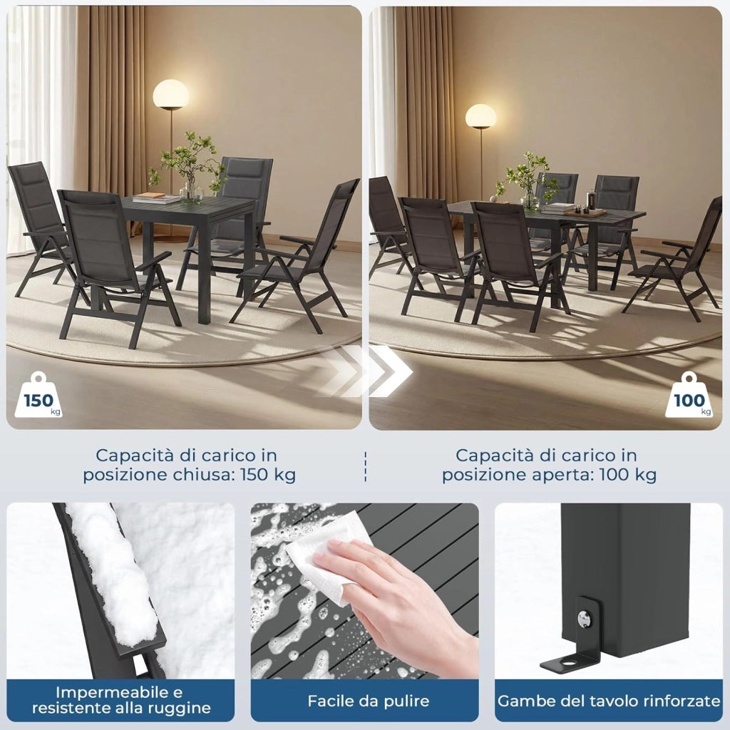 Set Tavolo e Sedie da Giardino 7 Pezzi, Composto da 1 Tavolo in Alluminio e 6 Sedie Pieghevoli, Tavolo da Giardino Allungabile (80/160 cm), Set Tavolo e Sedie da Esterno, Grigio
