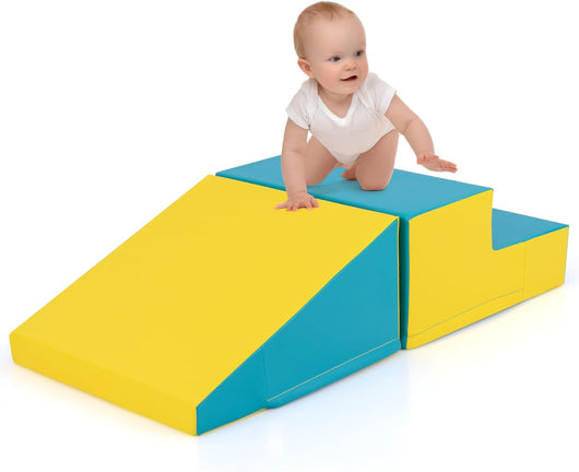 Set di 2 Blocchi per Gattonare e Arrampicare per Neonati e Bambini, Set di Blocchi di Schiuma Morbida per Gioco Attivo Interno, Set di Gioco Morbido per Sviluppo dei Bambini (Verde e giallo)